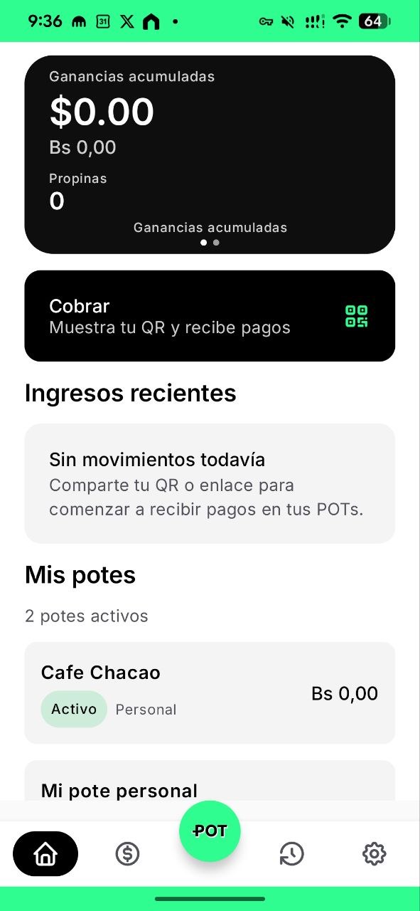 Pantalla de la app POT mostrando ganancias acumuladas, cobrar por QR e ingresos recientes